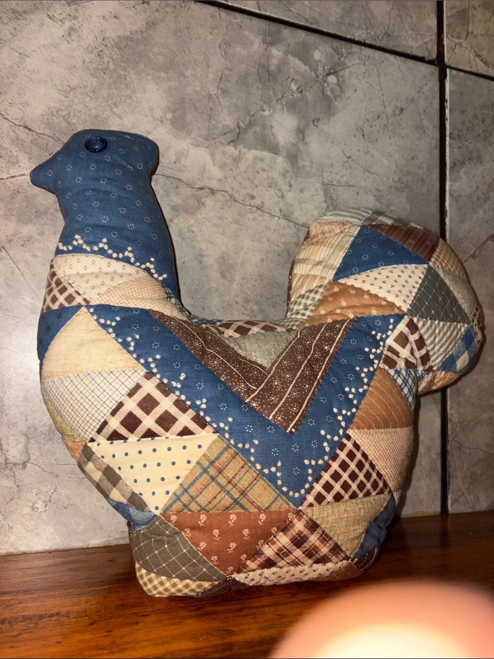 Vintage 90s Patchwork Quilted Chicken  Accent Pillow in Blue and Brown Handmade